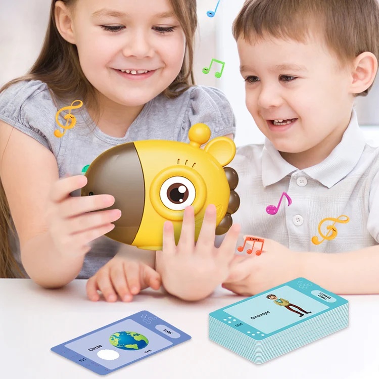 Jucarie educativa Montessori pentru copii cu cititor de carduri flash, 60 carduri, incarcare MicroUSB, 2 ani+, Girafa galbena, bebeLOGIC™ - imagine 5