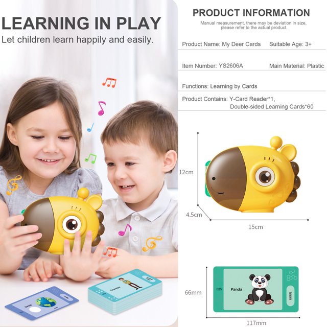 Jucarie educativa Montessori pentru copii cu cititor de carduri flash, 60 carduri, incarcare MicroUSB, 2 ani+, Girafa galbena, bebeLOGIC™ - imagine 13