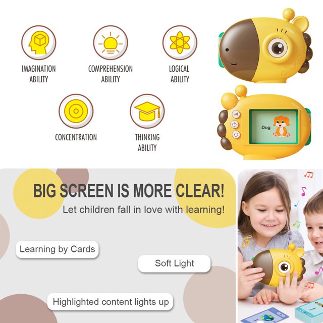 Jucarie educativa Montessori pentru copii cu cititor de carduri flash, 60 carduri, incarcare MicroUSB, 2 ani+, Girafa galbena, bebeLOGIC™ - imagine 14